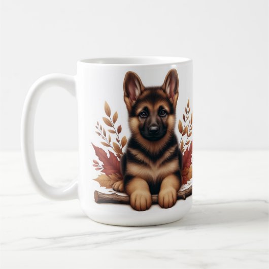 Duitse Herdershond Puppy Poseert Met Herfstblader Koffiemok (Links)