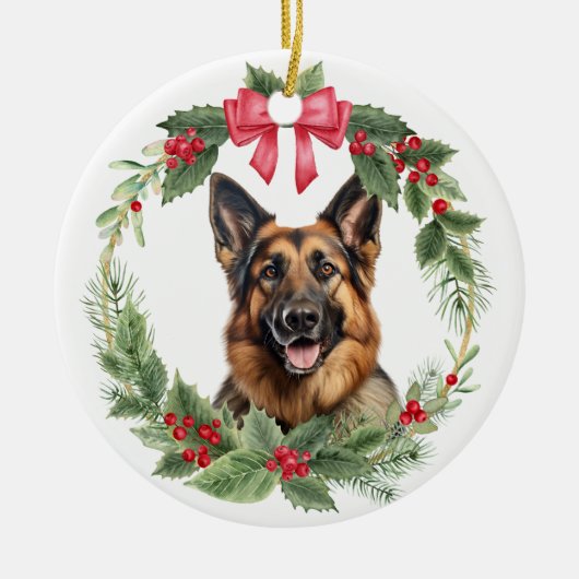 Duitse herdershond Red Bow Holly Wreath Keramisch Ornament (Voorkant)