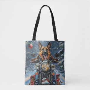 Duitse Herdershond rijdt op motorfiets met Kerstmi Tote Bag