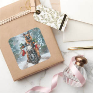 Duitse Herdershond rijdt op motorfiets met Kerstmi Vierkante Sticker
