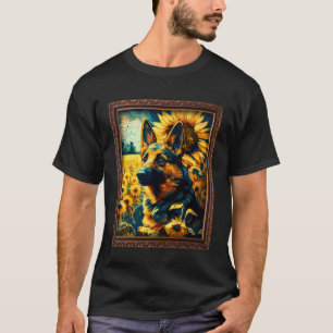 Duitse Herdershond Schilderij Zonnebloem Bloem Moe T-shirt