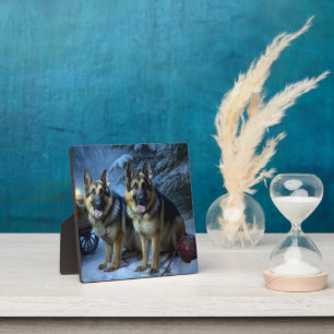 Duitse Herdershond Sneeuw Slede Kerst Decoratie Fotoplaat