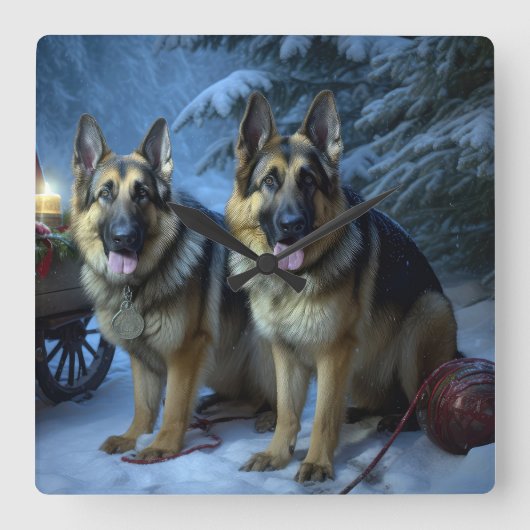 Duitse Herdershond Sneeuw Slede Kerst Decoratie   Vierkante Klok (Voorkant)