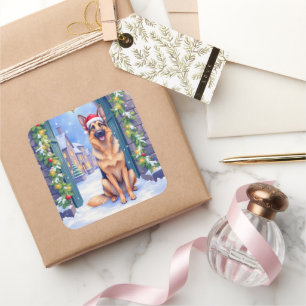 Duitse Herdershond Sneeuwstad Poort Kerstman Kerst Vierkante Sticker