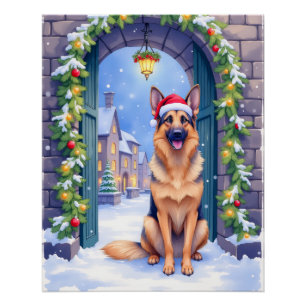 Duitse Herdershond Sneeuwstadspoort Kerstman Kerst Perfect Poster