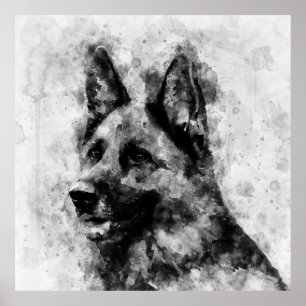 Duitse herdershond zwart-wit Waterverf Poster