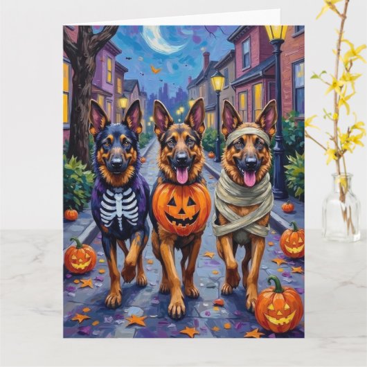 Duitse Herdershonden Trick-or-Treating Halloween Kaart (Gele Bloem)