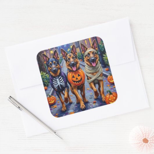 Duitse Herdershonden Trick-or-Treating Halloween Vierkante Sticker (Envelop)