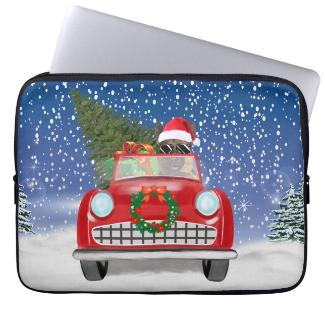 Duitse herderswagen met sneeuwkerst laptop sleeve (Voorkant)