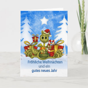 Duitse Kerstkaart - Leuke Draak - Fröhliche wij Feestdagen Kaart