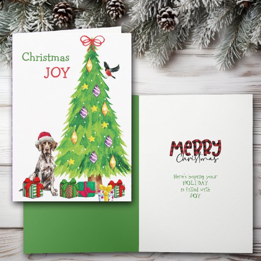 Duitse Korthaar Pointer, Vogel en Kerstboom Feestdagen Kaart