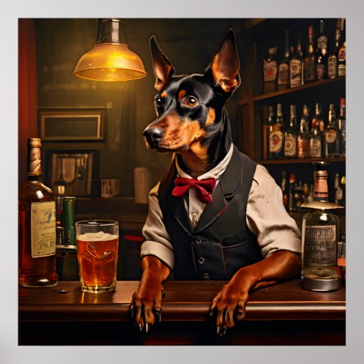 Duitse Pinscher Bartender op een Pub Vintage Poster (Voorkant)