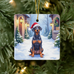 Duitse Pinscher Besneeuwd Binnenhof Kerstman Hoed Keramisch Ornament