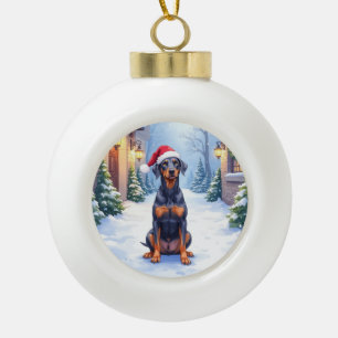 Duitse Pinscher Besneeuwd Binnenhof Kerstman Hoed Keramische Bal Ornament