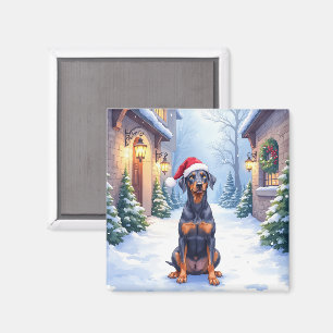Duitse Pinscher Besneeuwd Binnenhof Kerstman Hoed Magneet
