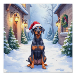 Duitse Pinscher Besneeuwd Binnenhof Kerstman Hoed Perfect Poster