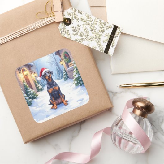 Duitse Pinscher Besneeuwd Binnenhof Kerstmanhoed Vierkante Sticker (Geschenken)