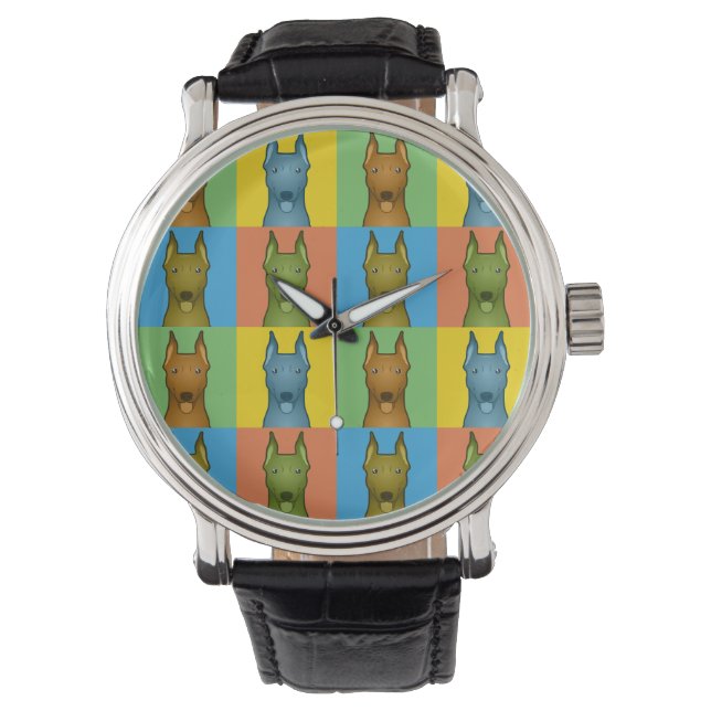 Duitse Pinscher Dog Cartoon Pop-Art Horloge (Voorkant)