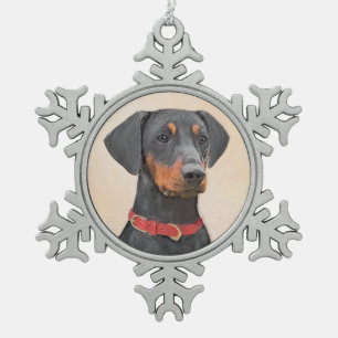 Duitse Pinscher Schilderij Originele Dierenkunst Tin Sneeuwvlok Ornament