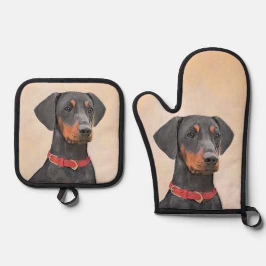 Duitse Pinscher Schilderij Zwart Originele Hond Ar Ovenwant & Pannenlap Set (Voorkant)