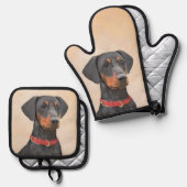 Duitse Pinscher Schilderij Zwart Originele Hond Ar Ovenwant & Pannenlap Set (Voorkant / Achterkant)