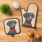 Duitse Pinscher Schilderij Zwart Originele Hond Ar Ovenwant & Pannenlap Set (Top down)