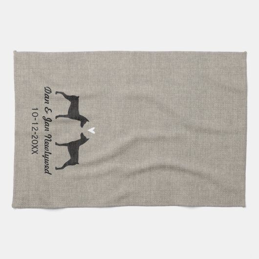 Duitse Pinscher Silhouetten met Hart Theedoek (Horizontaal)