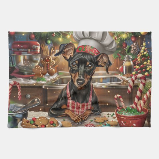 Duitse Pinscher Vakantie Bakken: Feestelijke Kerst Theedoek (Horizontaal)