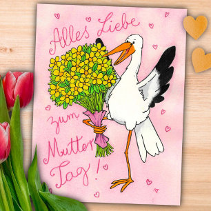Duitse Roze Moederdag Ooievaar met Bloemen Briefkaart