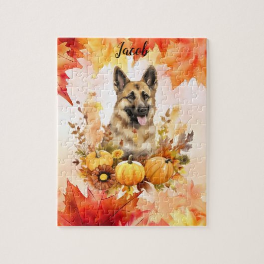 Duitse Shepard in Herfst gepersonaliseerd Legpuzzel (Verticaal)