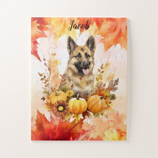 Duitse Shepard in Herfst gepersonaliseerd Legpuzzel (Verticaal)