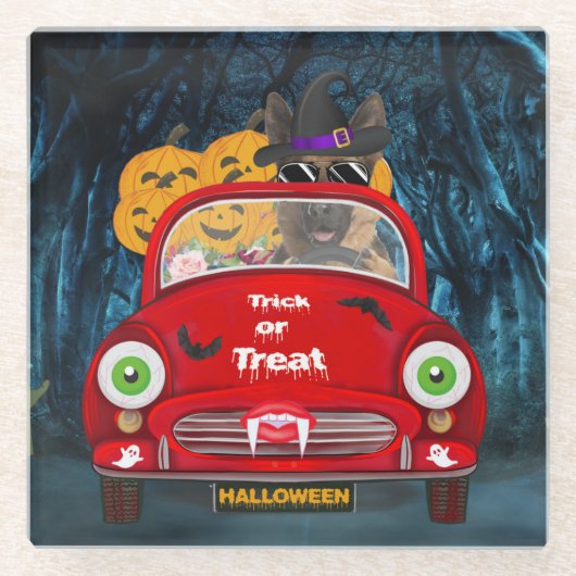 Duitse Shepherd Dog Driving Car Scary Halloween Glazen Onderzetter (Voorkant)