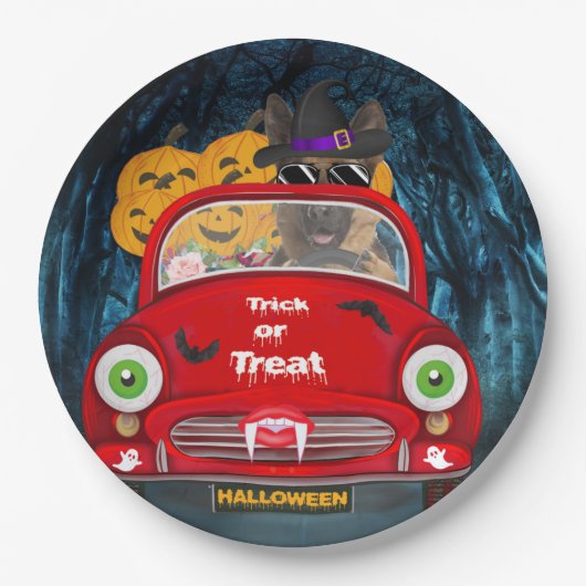 Duitse Shepherd Dog Driving Car Scary Halloween Papieren Bordje (Voorkant)