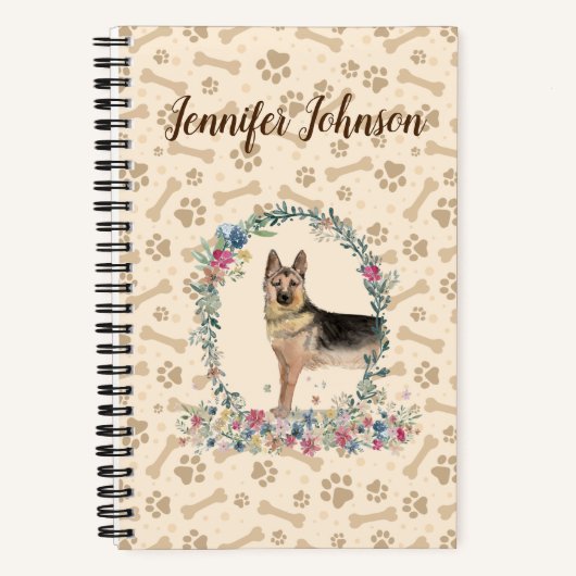 Duitse Shepherd Dog Paw Print & Floral Cute Notitieboek (Voorkant)