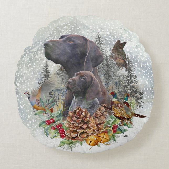 Duitse Shorthaired Pointer in de winter Rond Kussen (Voorkant)