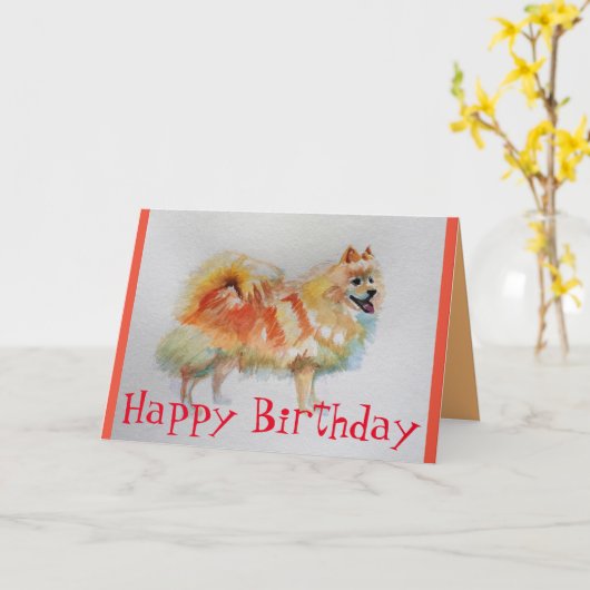 Duitse Spitz Dog Waterverf huisdier Verjaardag Kaa Kaart (Gele Bloem)
