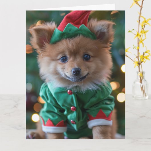 Duitse Spitz Elf Puppy Kerst Kaart (Gele Bloem)