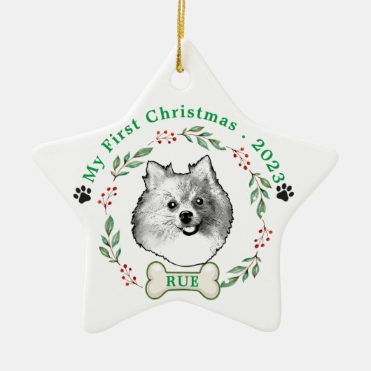 Duitse Spitz Hond Gepersonaliseerde Hand Drawing Keramisch Ornament (Voorkant)