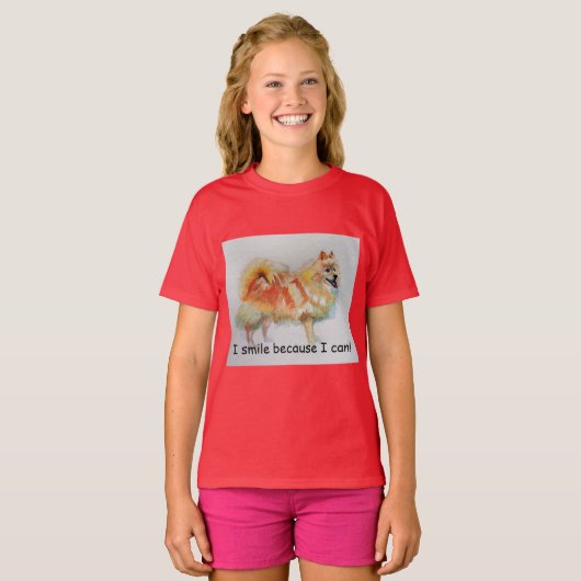 Duitse Spitz hond 'Ik lach omdat ik kan' Kaarten T-shirt (Voorkant volledig)
