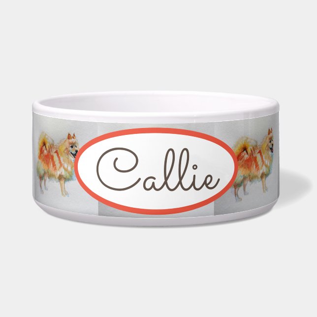 Duitse Spitz Pommerse Waterverf Dog Pet Name Voerbakje (Voorkant)