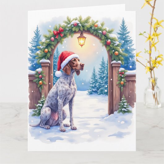 Duitse Staande Hond Sneeuwige Poort Kerstman Hoed Kaart (Gele Bloem)