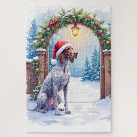 Duitse Staande Pointer Besneeuwde Poort Kerstman H Legpuzzel (Verticaal)