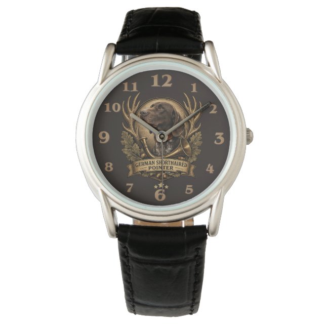 Duitse Staande Pointer, Jachthoorn Kunst Horloge (Voorkant)