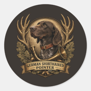 Duitse Staande Pointer, Jachthoorn Kunst Ronde Sticker