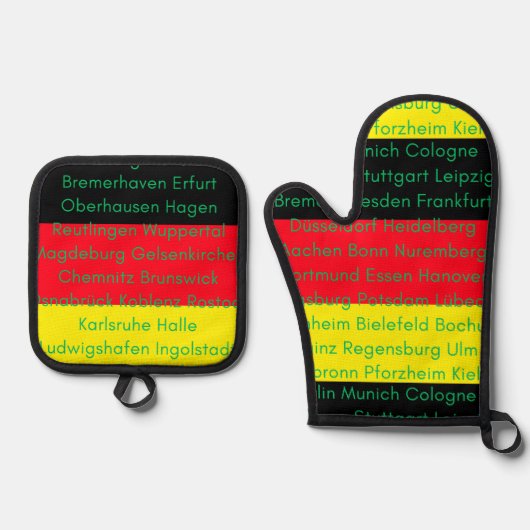 Duitse vlag kleuren met steden ovenwant & pannenlap set (Voorkant)