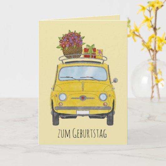 Duitse vogelretro Fiat 500 Kaart (Gele Bloem)