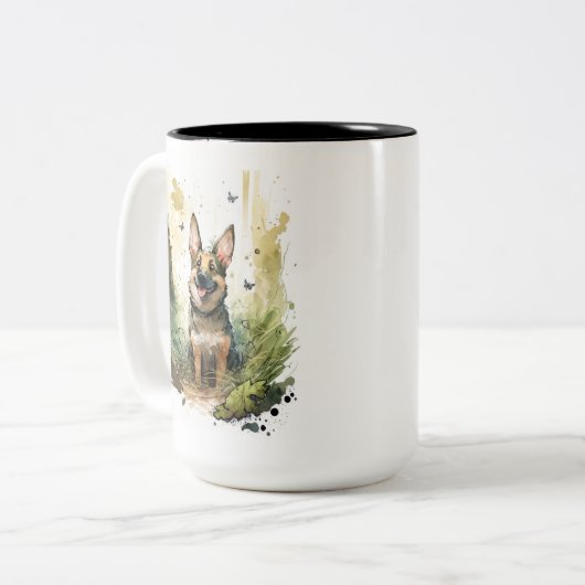 Duitse Waterverf Shepherd Whimsical Tweekleurige Koffiemok (Voorkant links)