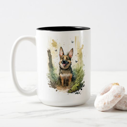 Duitse Waterverf Shepherd Whimsical Tweekleurige Koffiemok (Met donut)