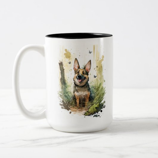 Duitse Waterverf Shepherd Whimsical Tweekleurige Koffiemok (Links)