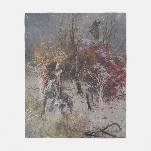 Duitse Wirehaire Pointer met houthakken in de wint Fleece Deken (Voorkant)